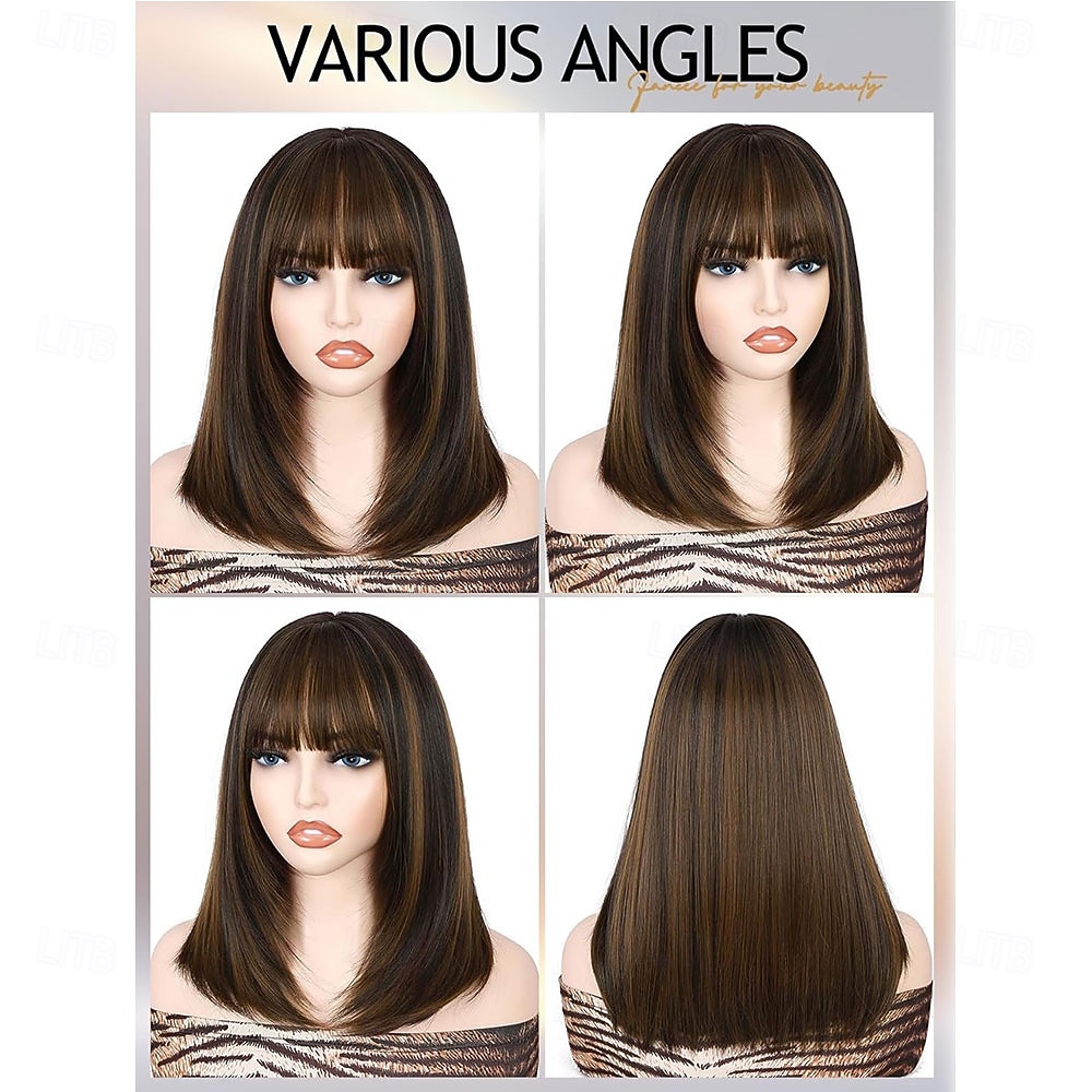 Highlight gelaagde pruiken met pony 14 inch kort gemengd bruin lijmloos kant-en-klare rechte synthetische bobpruiken voor vrouwen realistische hoofdhuid dagelijks cosplaygebruik 2026 - $21.99 –P7