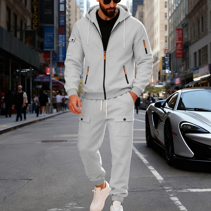 Men's Tracksuit Outfit Set Hoodies Set Hoodie Outdoor Daily Sports Drawstring Zip Up Pocket Plain Black Navy Blue Brown Polyester Activewear Fashion Streetwear Fall 2026 - $56.99 –P2