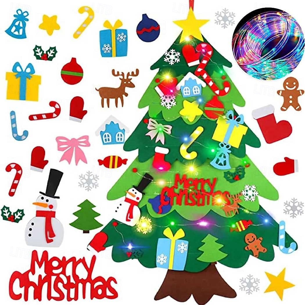 Felt Christmas Tree Set with Led String Light, 3.2ft Wall Hanging DIY Xmas Decorations Tree with Detachable Ornaments Snowman Christmas Decorations New Year Gift for Kids Boys and Girls Home 2025 - $17.99 –P7