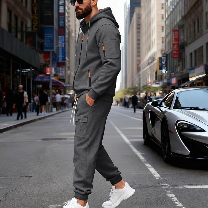 Men's Tracksuit Outfit Set Hoodies Set Hoodie Outdoor Daily Sports Drawstring Zip Up Pocket Plain Black Navy Blue Brown Polyester Activewear Fashion Streetwear Fall 2026 - $56.99 –P15