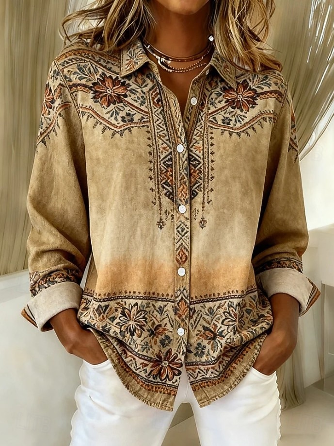 Γυναικεία Πουκάμισο Μπλούζα Κουρελού Κουμπιά Στάμπα Γραφική Γεωμετρικό Λαχούρι Βοημία Βίντατζ Τροπικό Μακρυμάνικο Κολάρο Πουκαμίσου Κανονικά μπλουζάκια Καθημερινά Πορτοκαλί Πράσινο του τριφυλλιού Χακί 2026 - $32.99 –P3