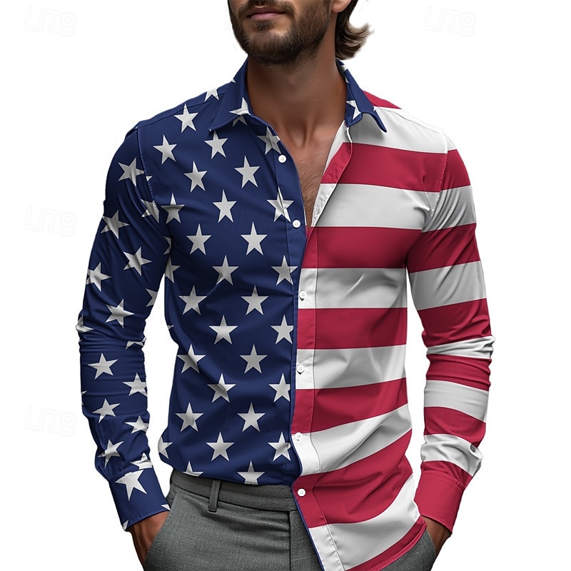 Men's American Flag Shirt Casual Shirt Beach Shirt Long Sleeve Casual Comfortable Vacation Street Hawaiian Spring Fall Lapel Print Dark blue Red Blue 2026 - BHD 11.06 –P2