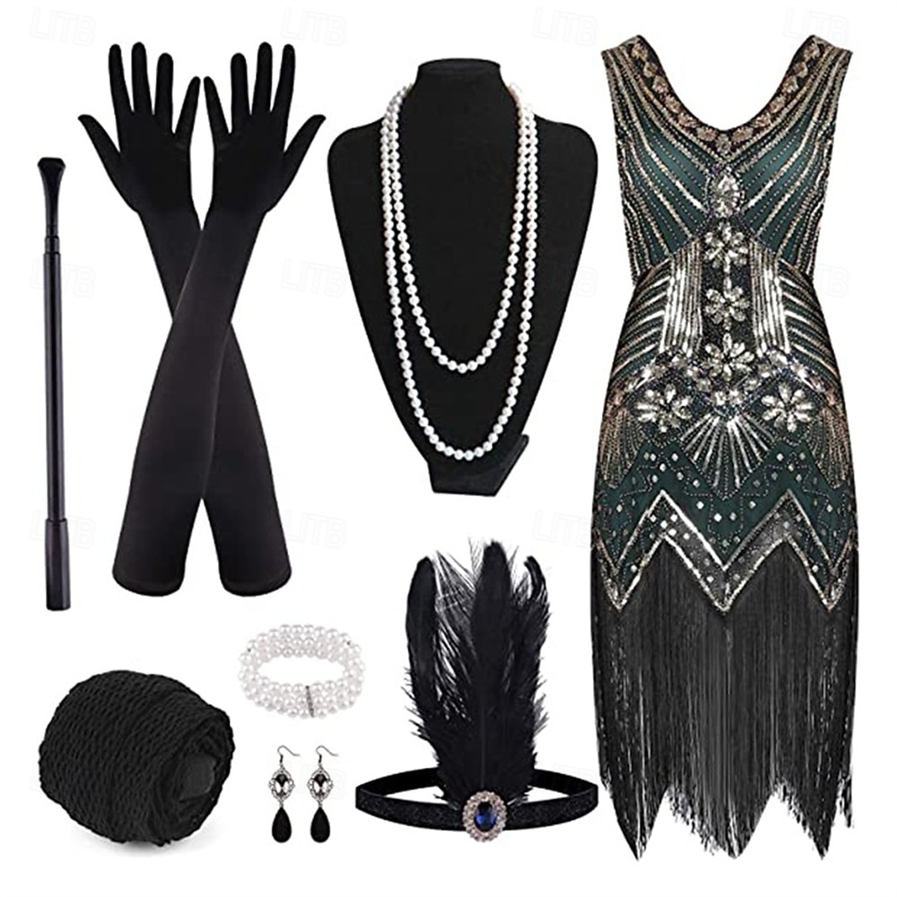 Set Anni Ruggenti Anni 1920 Lunghezza al ginocchio Abito Flapper Abito da cocktail Costume di fantasia con accessori Senza maniche Il grande Gatsby Ragazza Flapper Paillettes Frangia con nappe Scollo del 2026 a $50.99 –P1