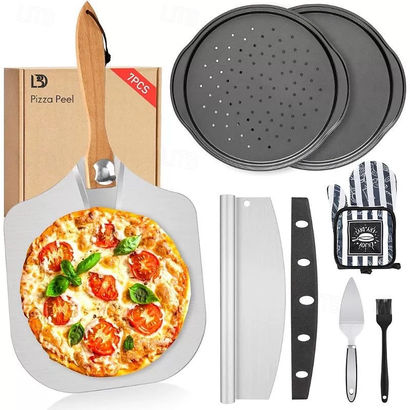 7-teiliges Pizzablech mit Holzgriff Pizza mit Thermohandschuhen Langschneider Pizzabackset 2026 - $125.99 –P1