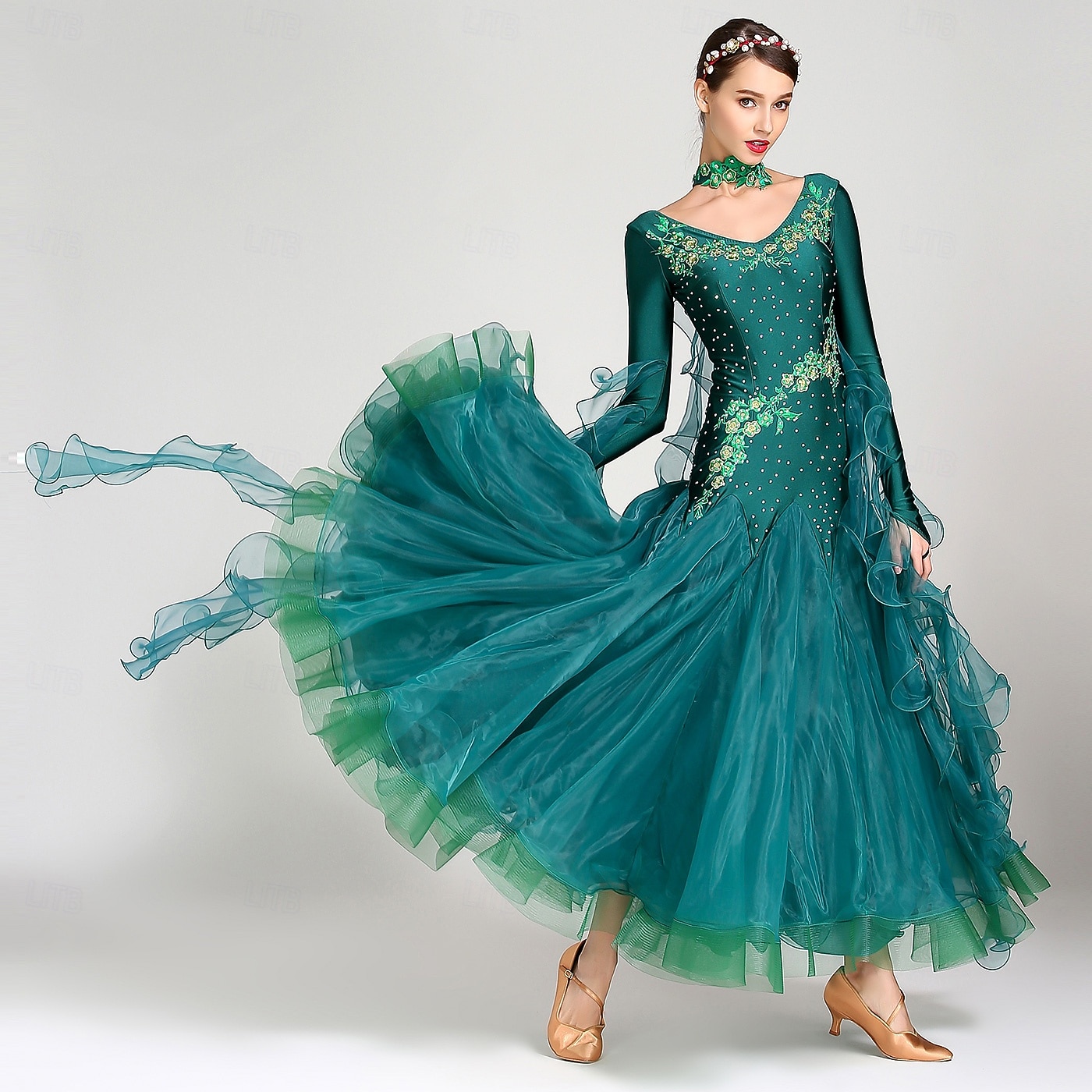 Бальные танцы Платье Чистый цвет Жен. Выступление Учебный Тематическая вечеринка Длинный рукав Спандекс 2026 - $120.99 –P13