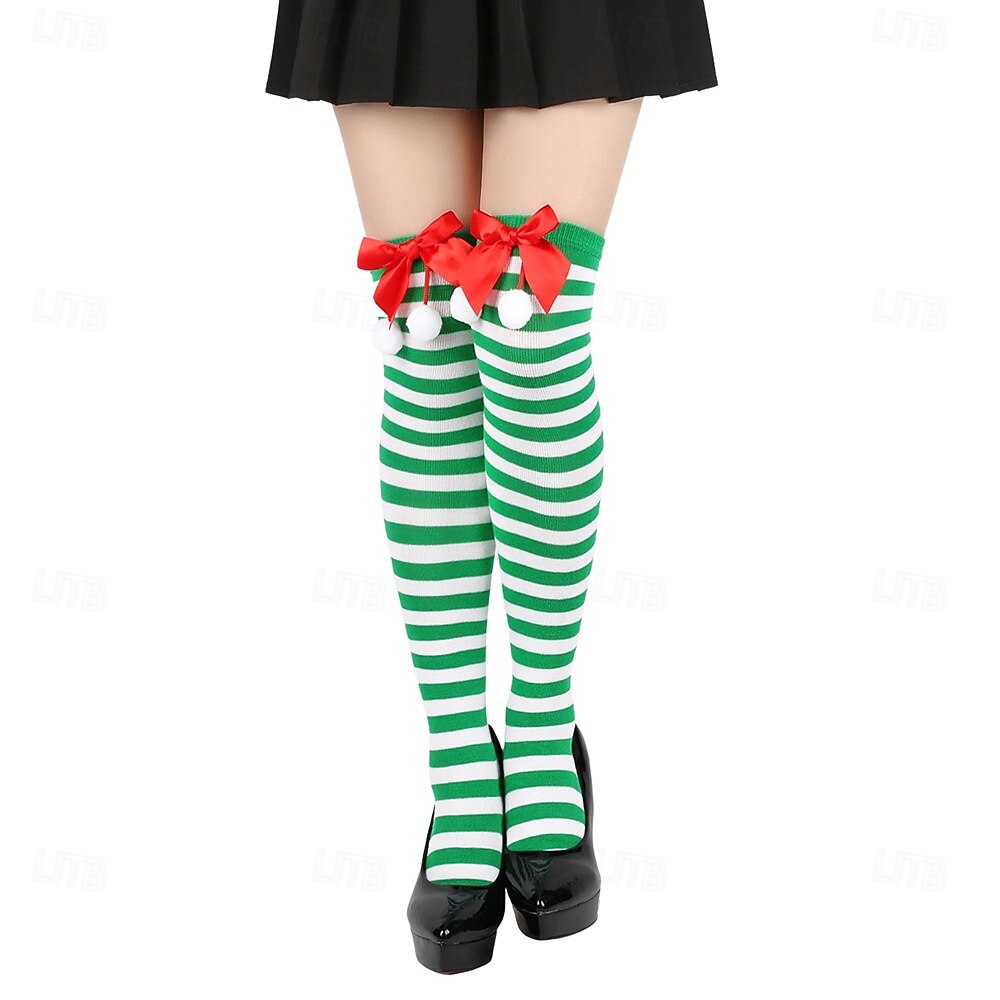 Dámské vánoční ponožky do stehen, sada 4 párů, pruhované &Jednobarevné červené sváteční punčochy s mašlemi a bambulkami, slavnostní ponožky nad kolena na zimní večírky &dárky 2026 - $18.99 –P8