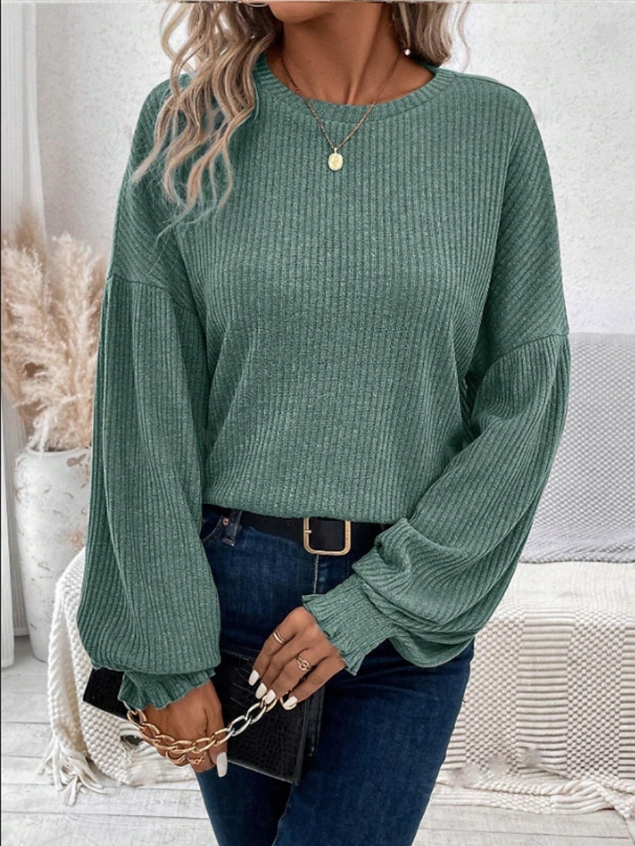 Per donna Blusa Arricciato Tinta unica Elegante Casual Manica Lunga Girocollo Top Regolari Quotidiano Nero Verde militare Marrone Verde Cachi Primavera Autunno Inverno del 2026 a $25.99 –P5