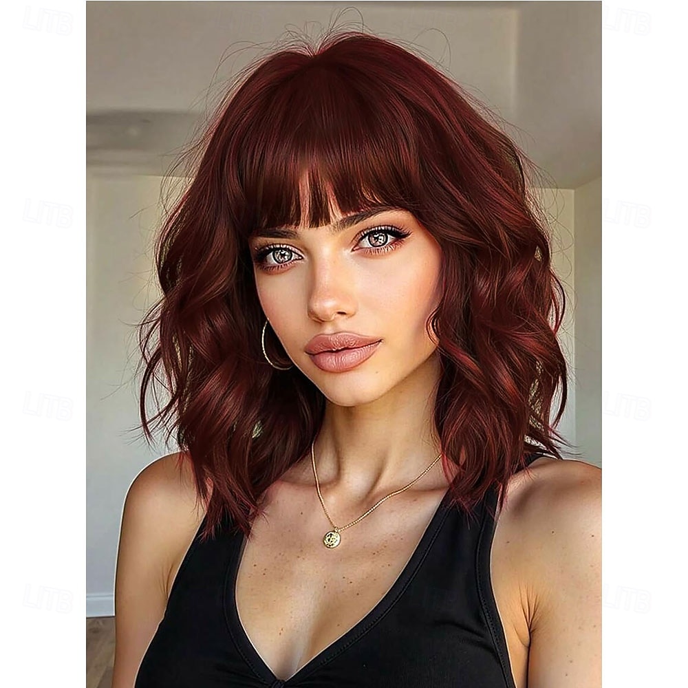 Polkkatukkainen peruukki naisille, laineikkaat, punertavan karamellinruskeat, lyhyet kiharat hiukset, peruukki otsatukalla, olkapäille ulottuva, synteettinen, realistinen, lämmönkestävä peruukki 2026 - $21.99 –P5