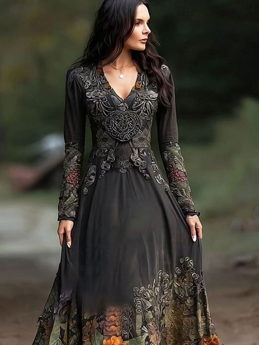 Per donna Abito maxi Abito a trapezio Abito Pieghettato Abito aderente e svasato Boho Data Vestibilità regolare Floreale Grafico Manica Lunga Scollo a V Nero Primavera Autunno Inverno del 2025 a $36.99 –P2