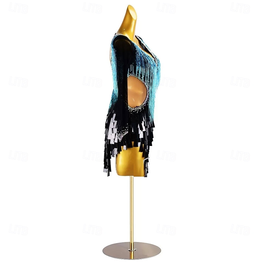 Robe de danse latine pour femme, bleu glacier, noir, franges, strass, manches longues, costume de performance pour compétition de cha cha rumba samba de 2025 ? $316.99 –P4