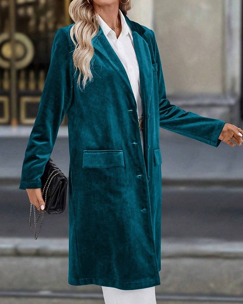 Dam Kavaj Kappa Håller värmen Bekväm Ficka Knappar Elegant Mode Slät Fest Födelsedag Fest / afton Ledigt Lång Nedvikt Normal Långärmad Ytterkläder Svart Vin Blå Höst Vinter 2025 - $44.99 –P9
