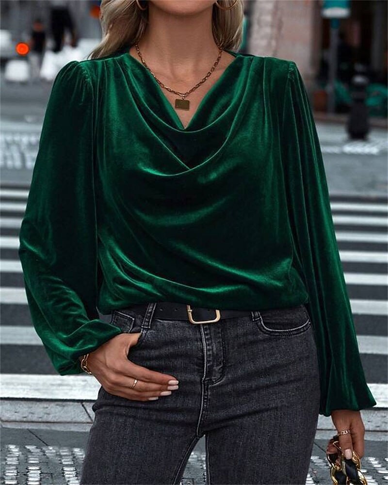 Femmes Velours Elegant Habillé Chemisier Couleur Unie Uni Élégant Dames Classique manche longue Col Halter Hauts Réguliers Travail Quotidien Fête Froncé Drapé Noir Vin Bleu Roi Violet Vert Automne de 2025 ? $23.99 –P9