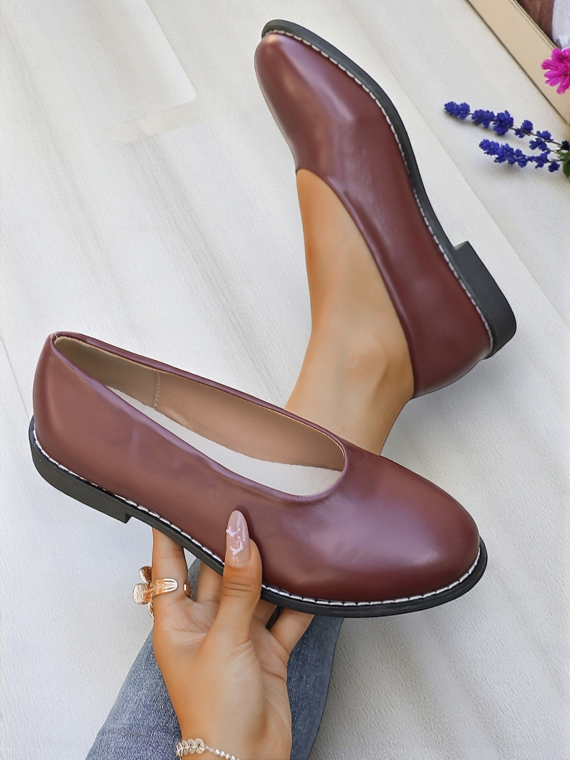 Women's Burgundy Faux Leather Round Toe Flats with Low Heel, Comfortable Casual Dress Shoes for Work, Office & Everyday Wear 2025 - $26.99 –P4