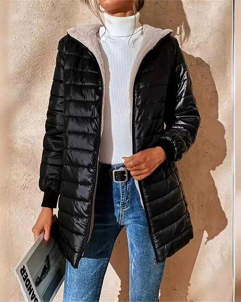 Damskie Płaszcz zimowy Dół Kurtka z kapturem Zatrzymujący ciepło Wygodny Zamek Kieszeń Codzienny Równina Na zewnątrz Urlop Święto Wyjściowe Długie Kaptur Luźna Długi rękaw Odzież wierzchnia Granatowy 2025 - $37.99 –P1