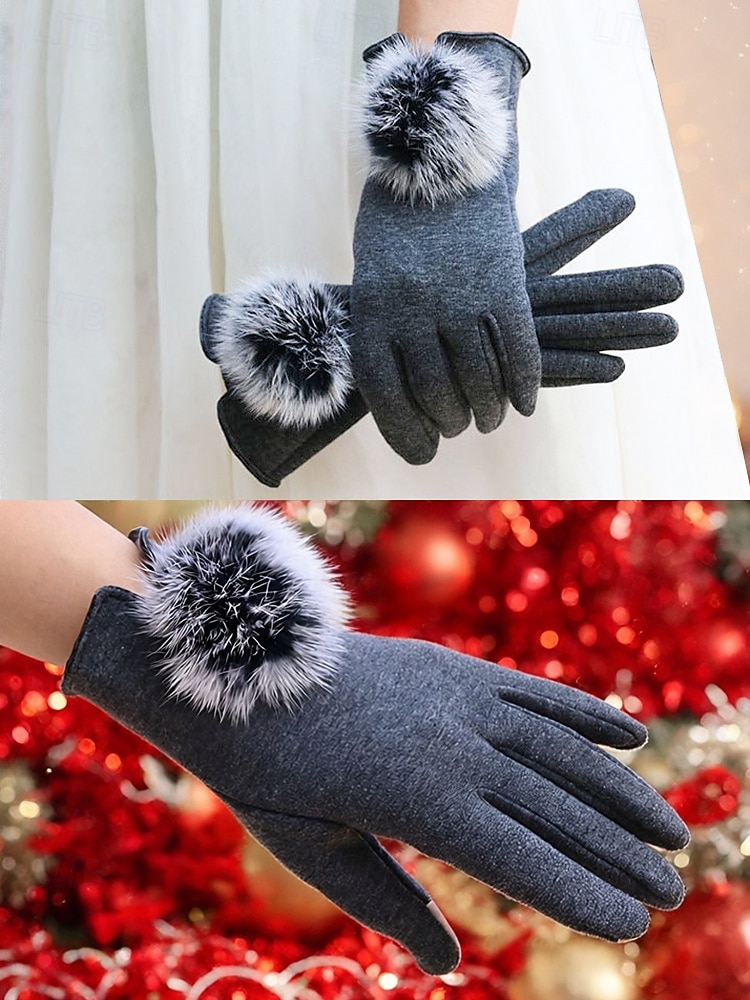 Guantes táctiles navideños para mujer con pompones de piel sintética de conejo, tejido de poliéster cálido, varios colores, perfectos para la moda de invierno y regalos navideños. 2026 - $11.99 –P6
