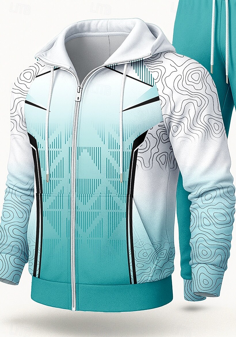 Муж. Толстовка Спортивный костюм Спортивный костюм из двух частей Кулиска Застегнуться Геометрический принт Наборы одежды Осень Зима Синий Назначение На открытом воздухе Путешествия Легкость Мода 2026 - $47.99 –P3
