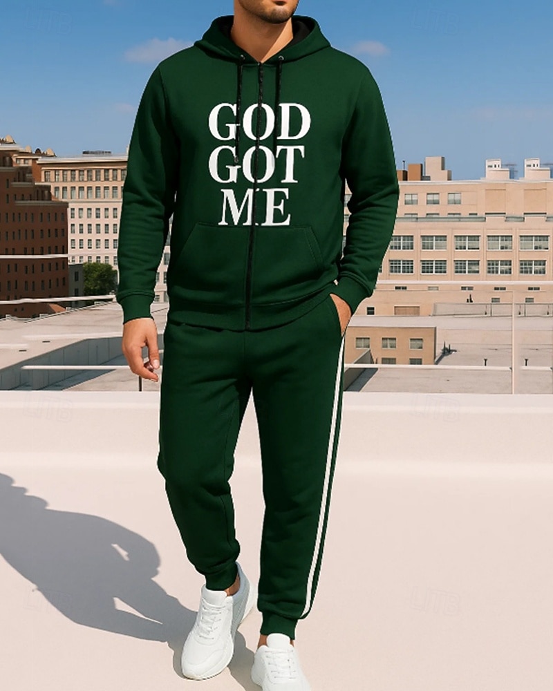 Święta Męskie Dres 2-częściowy Bluza z kapturem Lounge Bluza zapinana na pełny zamek Pełny zameczek z kieszenią Litera Zestawy odzież Wiosna Ciemnozielony Podróże Bieganie Oddychający Długi rękaw 2025 - $45.99 –P1