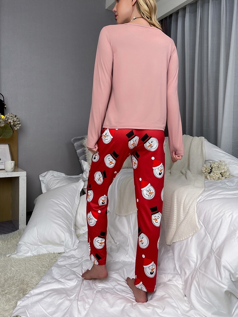 Conjunto de Pijamas de Natal Feminino com Boneco de Neve e Árvore de Natal Confortável Gráfico do Pai Natal Cintura Elástica Camiseta Calça Férias em Casa Manga Longa Gola Redonda Rosa Vinho Vermelho de 2025 por $23.99 –P7