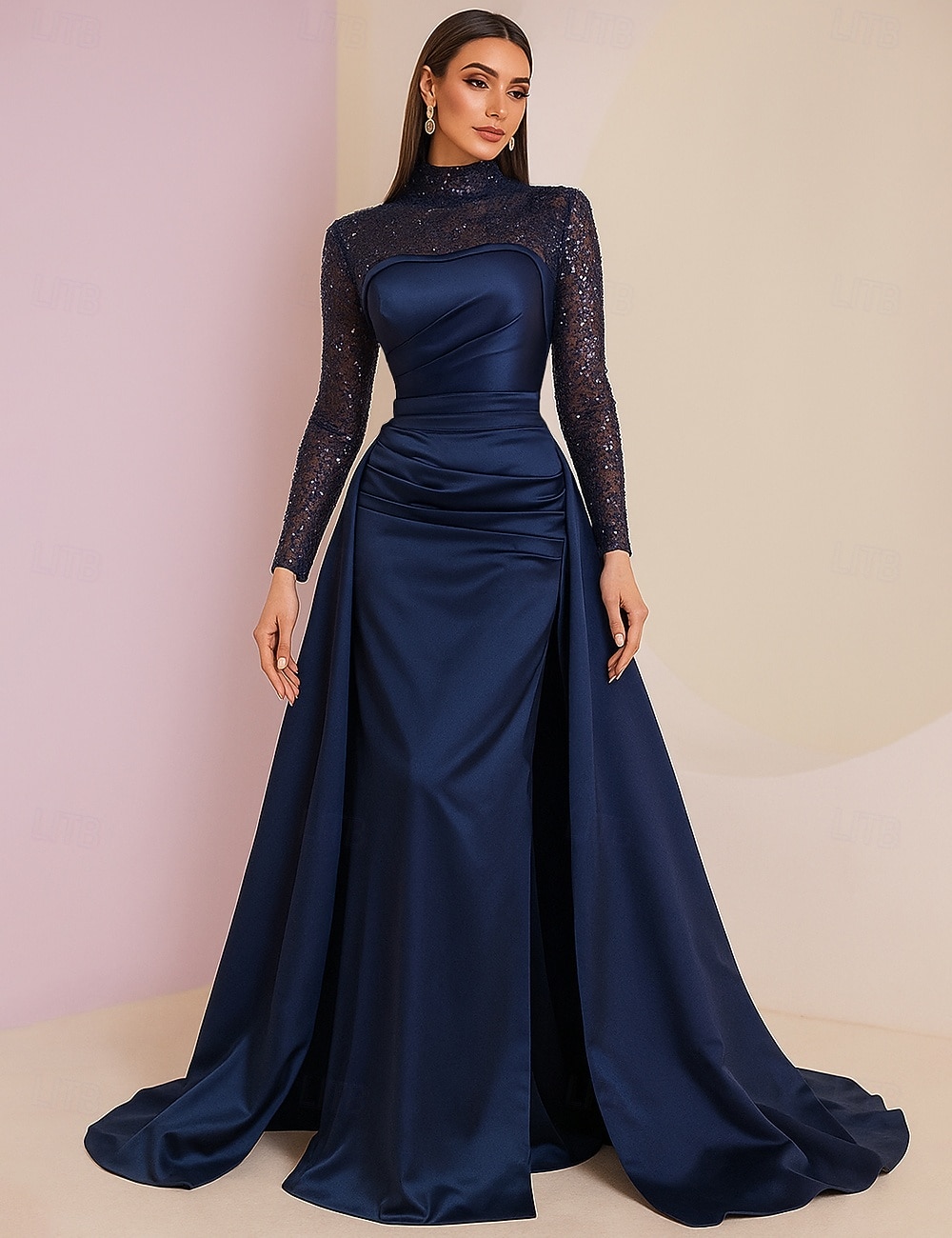 А-силуэт Платье для матери невесты Элегантный стиль Винтаж Блеск и сияние Вырез под горло В пол Спандекс Италия сатин Полиэстер Длинный рукав с Пайетки 2025 - $119.99 –P1