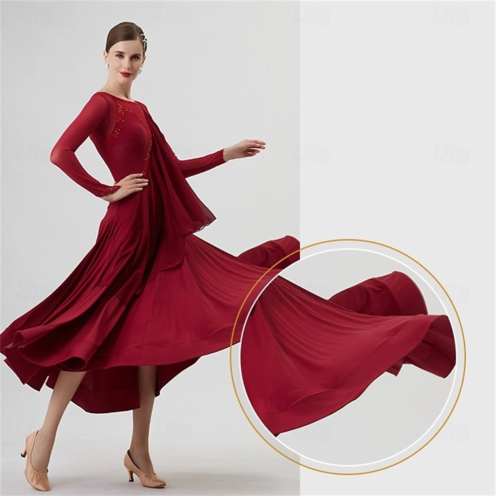abito da ballo da sala da donna in chiffon drappeggiato, manica lunga, elegante abito da competizione per valzer, tango, foxtrot – rosso vino del 2026 a $236.09 –P6