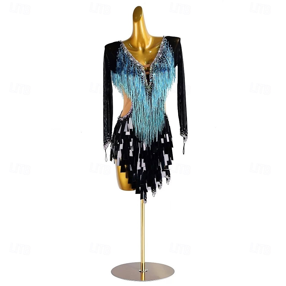 Robe de danse latine pour femme, bleu glacier, noir, franges, strass, manches longues, costume de performance pour compétition de cha cha rumba samba de 2025 ? $316.99 –P1