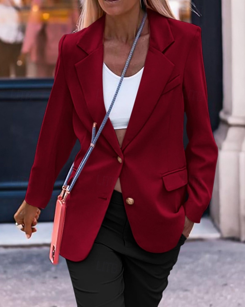 Women's Blazer Comfortable Pocket Buttons Active Plain Outdoor Vacation Going out Weekend Regular Turndown Regular Fit Long Sleeve Outerwear Black White Wine Fall Winter 2026 - $35.99 –P20