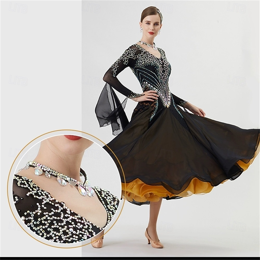 Women's Ballroom Dance Dress Rhinestone Mesh Long Sleeve Waltz Tango Competition Performance Gown with Layered Gold Hem – Black Gold 2025 - $590.89 –P7