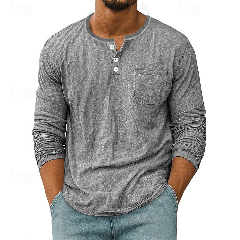 Herren T Shirt Henley Hemd T-Shirt Langarmshirt Langarm Henley Frühling Herbst Einfach Mode Designer Basic Taschen Urlaub Straße Ausgehen Schwarz Weiß Rote Top T-Shirt für Herren 2025 - $21.99 –P3