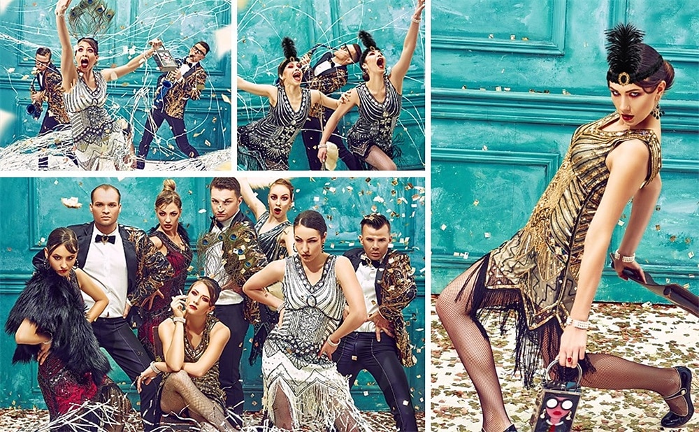 Set Anni Ruggenti Anni 1920 Lunghezza al ginocchio Abito Flapper Abito da cocktail Costume di fantasia con accessori Senza maniche Il grande Gatsby Ragazza Flapper Paillettes Frangia con nappe Scollo del 2026 a $50.99 –P6