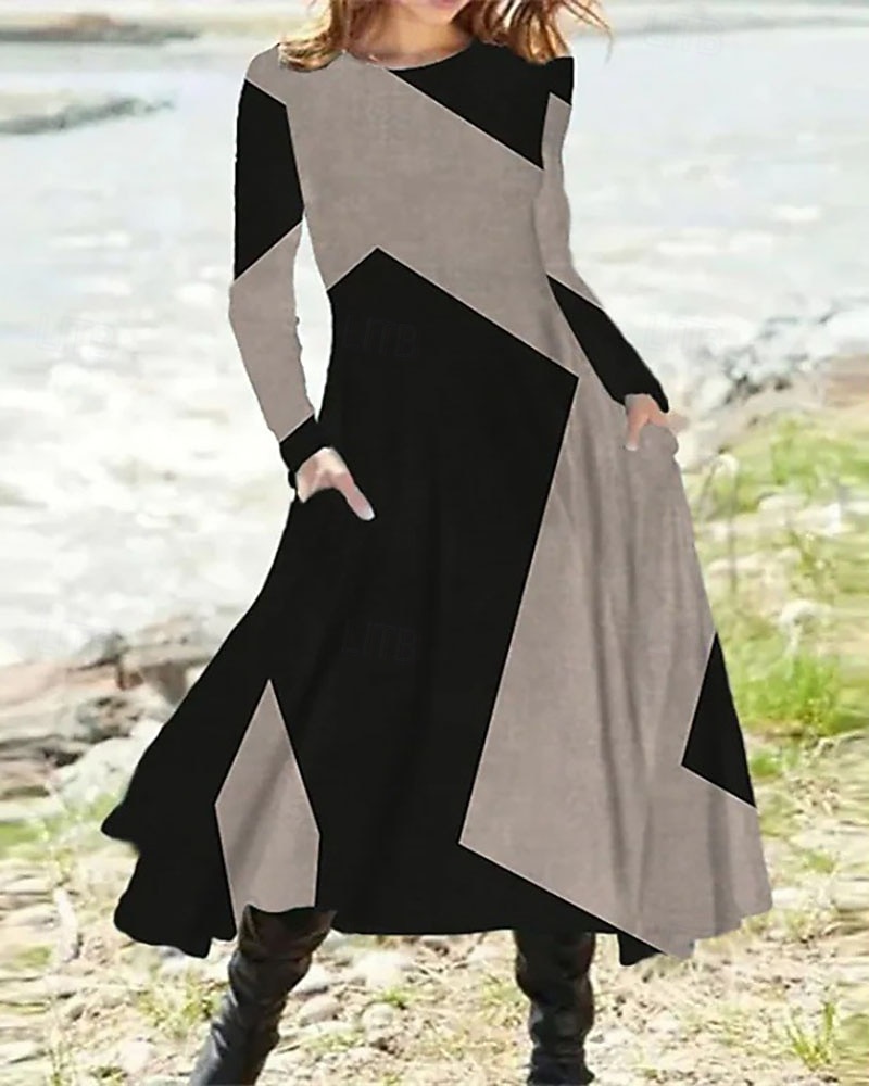 Dámské Midi šaty Šaty s potiskem Vinobraní Módní Moderní Denní Dovolená Jdeme ven Běžný Geometrický Dlouhý rukáv Tričkový Fialová Hnědá Tmavě šedá Šedá Jaro Podzim Zima 2025 - $26.99 –P2