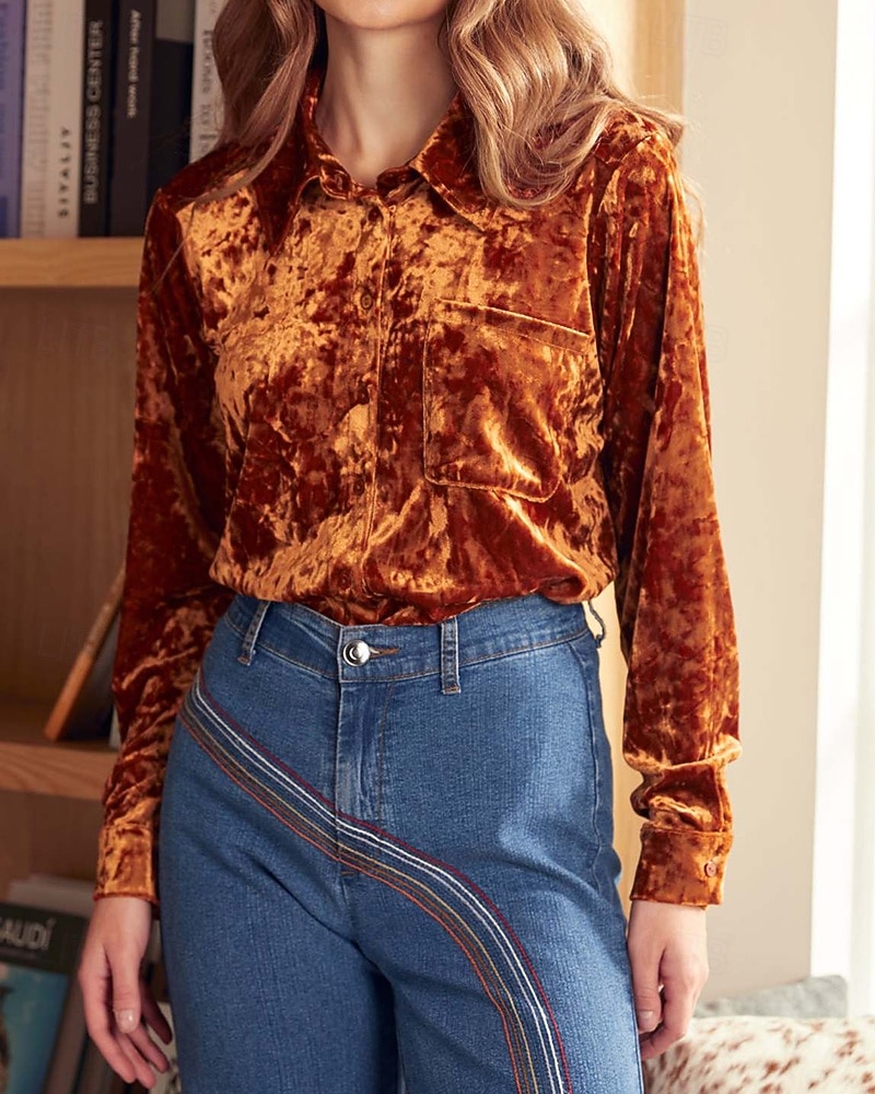 Γυναικεία Βελούδο Κομψή Φιλάρεσκος Μπλούζα Κουμπιά Σκέτο Βοημία Βίντατζ Καθημερινά Μακρυμάνικο Κολάρο Πουκαμίσου Κανονικά μπλουζάκια Καθημερινά Βραδινό Ρούχα για Πάρτυ Αργίες 2026 - $37.99 –P8