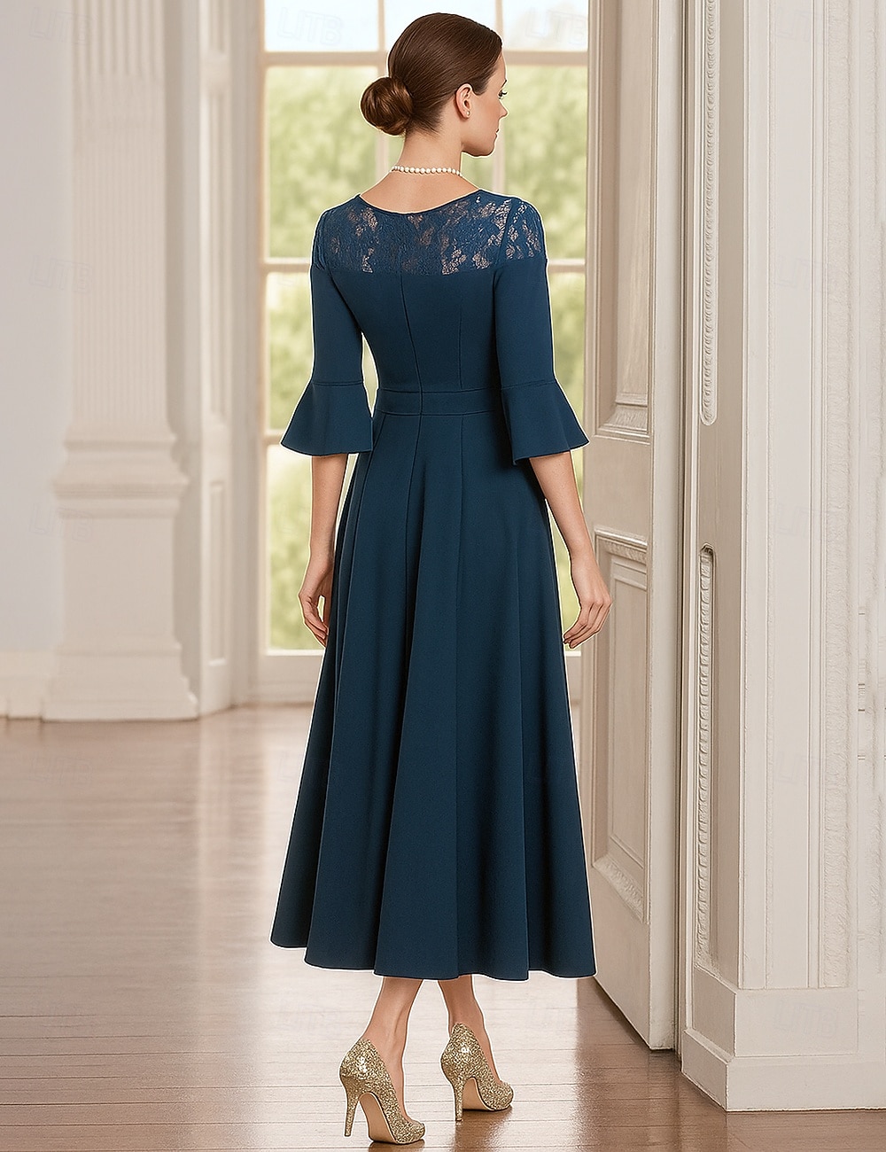 A-linje Ankellengde Festkjole Cocktail Kjole 3/4 ermer Crew-hals Elegant Formell Blonder Polyester Kjole til brudens mor med Blonder 2025 - $69.99 –P2