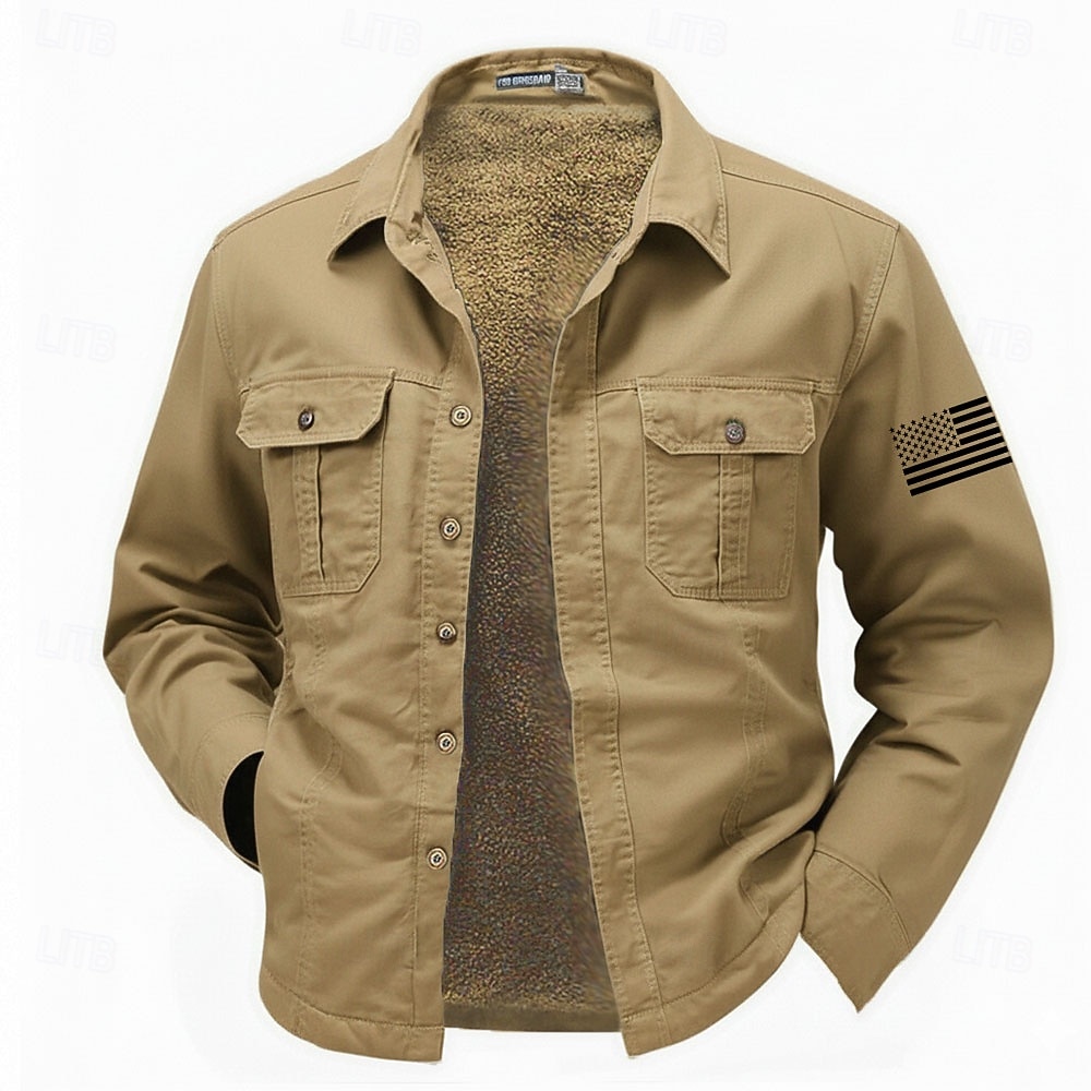 Men's US Flag Patriotic Western Shirt Cargo Shirt Cowboy Shirt Long Sleeve Military Outdoor Casual WorkWear Fall Winter Turndown Fleece Lined Cotton Button Up Shirts Black Army Green Khaki 2026 - $34.99 –P4