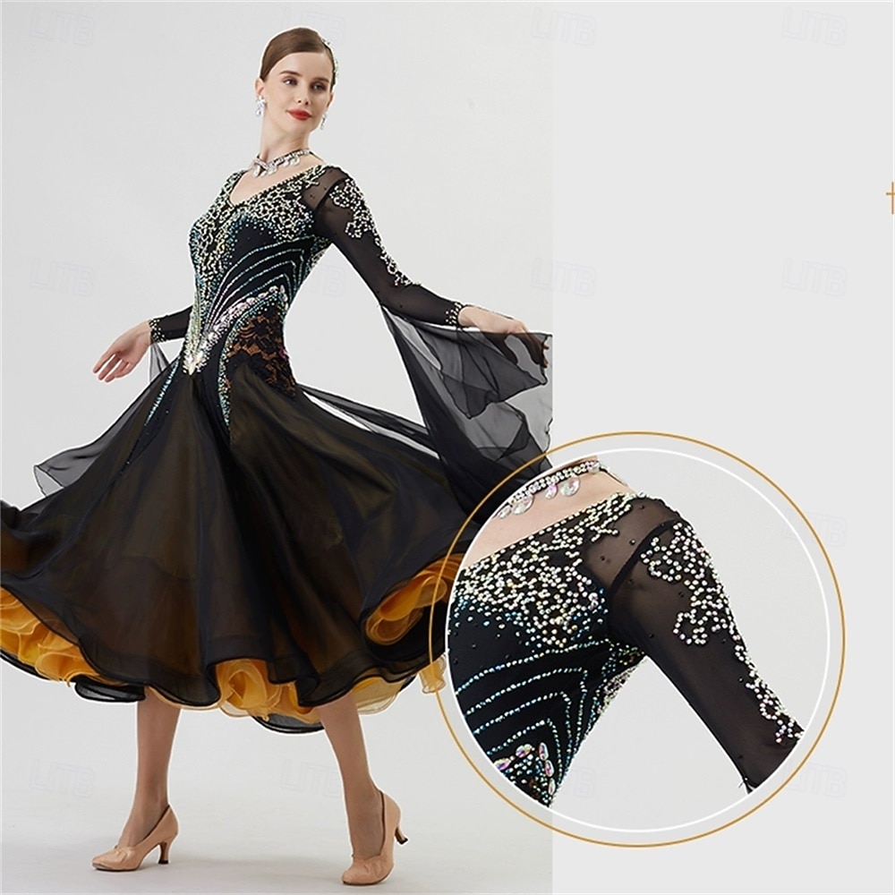Women's Ballroom Dance Dress Rhinestone Mesh Long Sleeve Waltz Tango Competition Performance Gown with Layered Gold Hem – Black Gold 2025 - $590.89 –P6