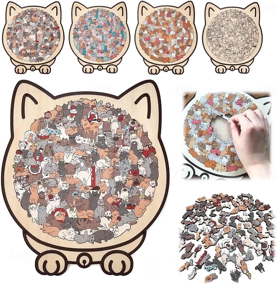 Деревянный пазл в форме кошки из 135 деталей, состоящий из пазлов, макарон, дерева и цветов Моранди, для взрослых, милый деревянный пазл с контуром кошки, креативный подарок-пазл, украшение для 2026 - $19.99 –P1