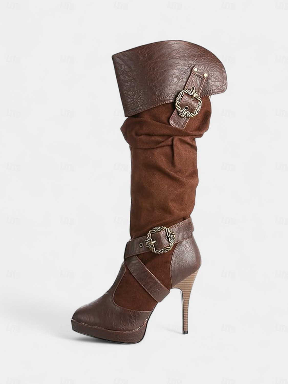 Botas medievales marrones por encima de la rodilla para mujer con tacones de aguja altos y diseño de correa con hebilla, botas de moda de estilo renacentista vintage para fiestas de disfraces, cosplay 2026 - $64.99 –P7