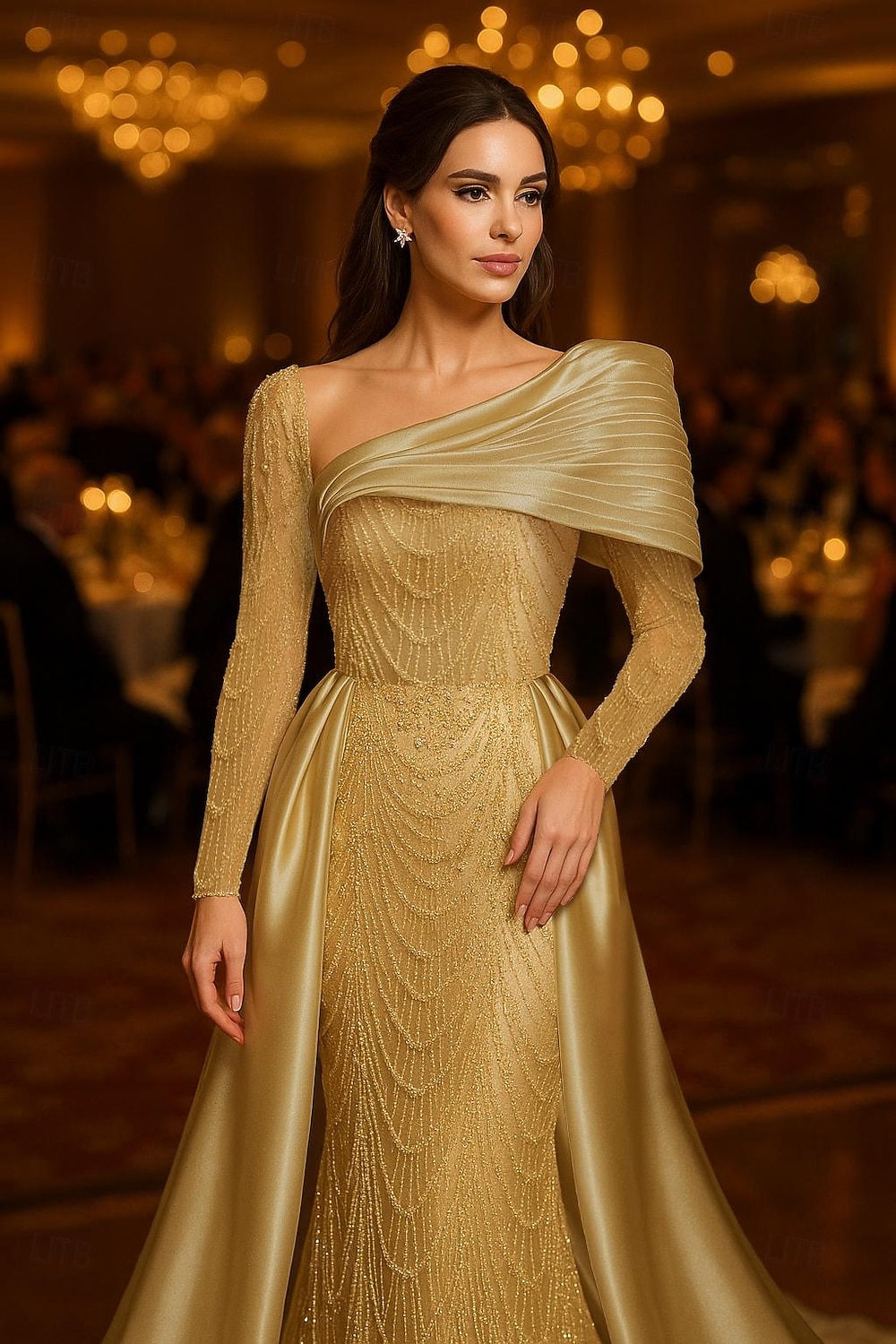 A-Line Floor Length Beaded Eembroidered Formal Dresses Mother of the Bride Dress Evening Gown Ball Gown with Overskirt Formal Dress Elegant Silky Long Sleeve Shirt Collar Wedding Formal Satin Sequined 2026 - $218.49 –P1
