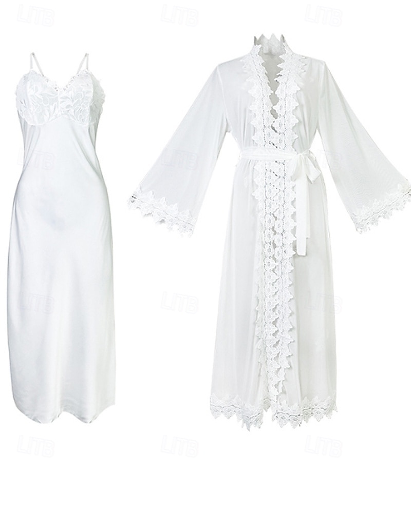 2026年 女性用 ローブ あたたか ファッション カジュアル ピュアカラー サテンシルキーパジャマ レース ドレス 家 ベッドサイド 長袖 クルーネック ホワイト 夏 春 レギュラー  コレクション – $43.99 –P6