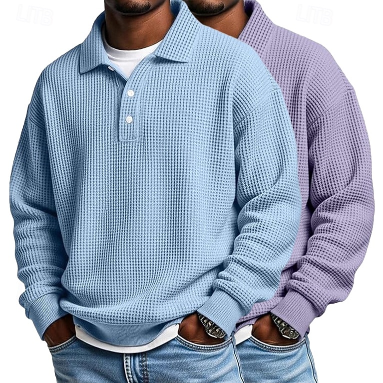 2 stuks heren wafel poloshirts golf shirt formeel zakelijk klassiek lange mouwen mode effen kleur 2 stuks multi-pack herfst lente &herfst regular fit wit paars blauw wafel poloshirts 2025 - $40.99 –P2