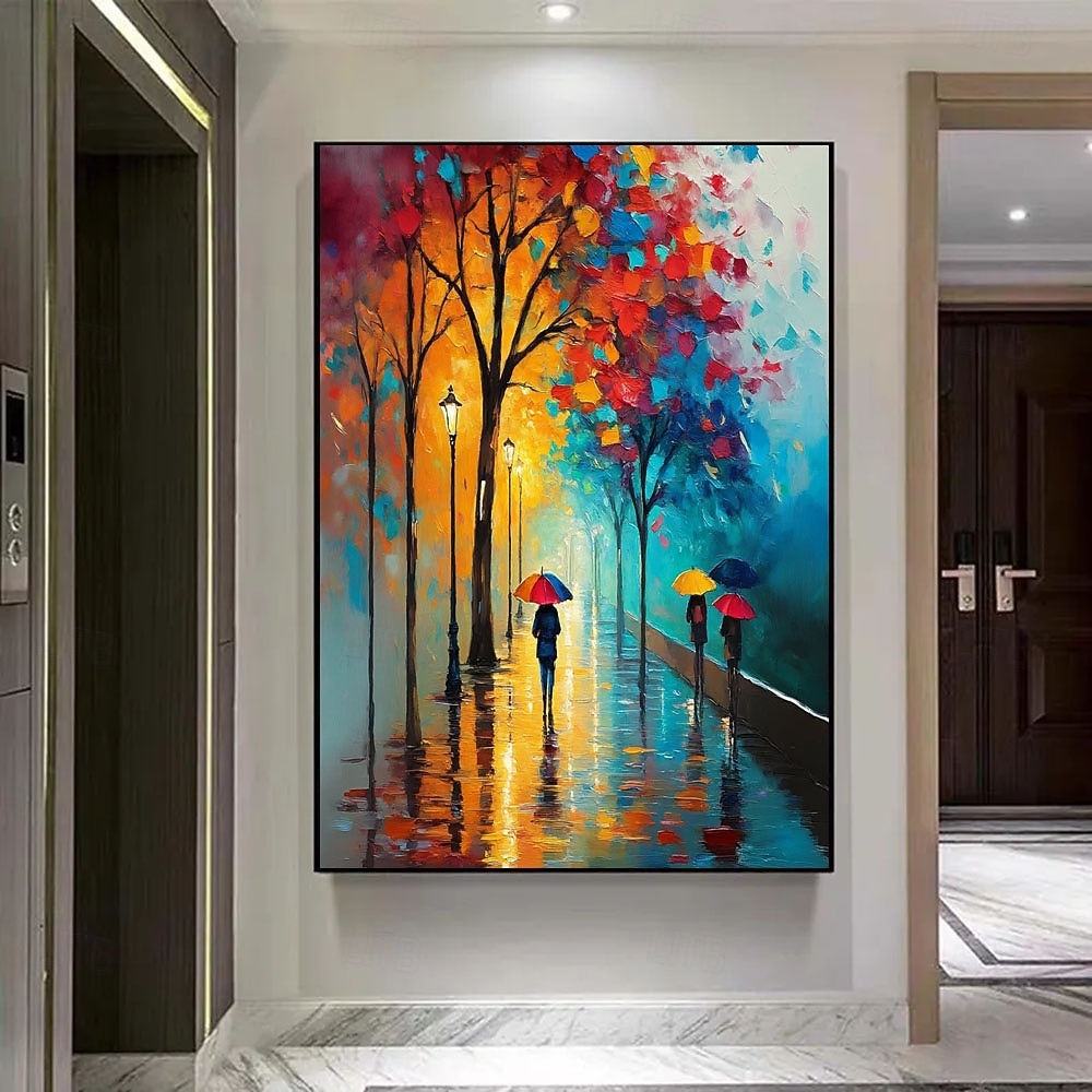 prezent świąteczny ręcznie malowany obraz olejny kolorowy spacer po mieście malarstwo na płótnie romantyczna para sztuka abstrakcyjne płótno deszczowe światła uliczne dekoracja ścienna nowoczesny 2026 - $67.99 –P4