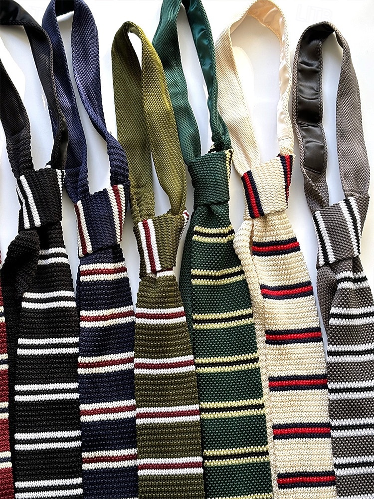Pánská pletená pruhovaná kravata - stylová tkaná vánoční kravata s červenými, bílými a černými pruhy pro sváteční večírky a slavnostní příležitosti 2026 - $11.99 –P3