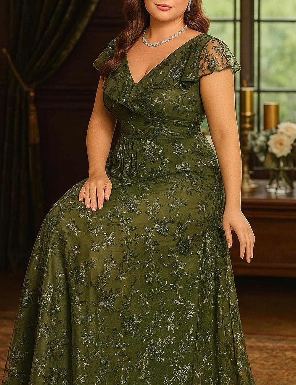 Ligne A Robe de Mère de Mariée  Élégant ancien Luxueux Col en V Longueur au sol Dentelle Pailleté Polyester Manche Courte avec Dentelle Plis Paillettes de 2025 ? $119.99 –P3