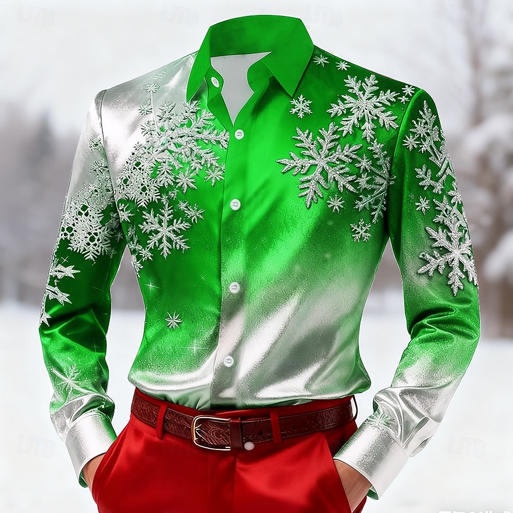 Święta Męskie Płatek śniegu Kolor gradientu Koszula Satynowa koszula Koszule eleganckie Długi rękaw Moda na co dzień Na zewnątrz Święto Wiosna Jesień Wieczorne Druk 3D Koszule zapinane na guziki 2026 - $29.99 –P4