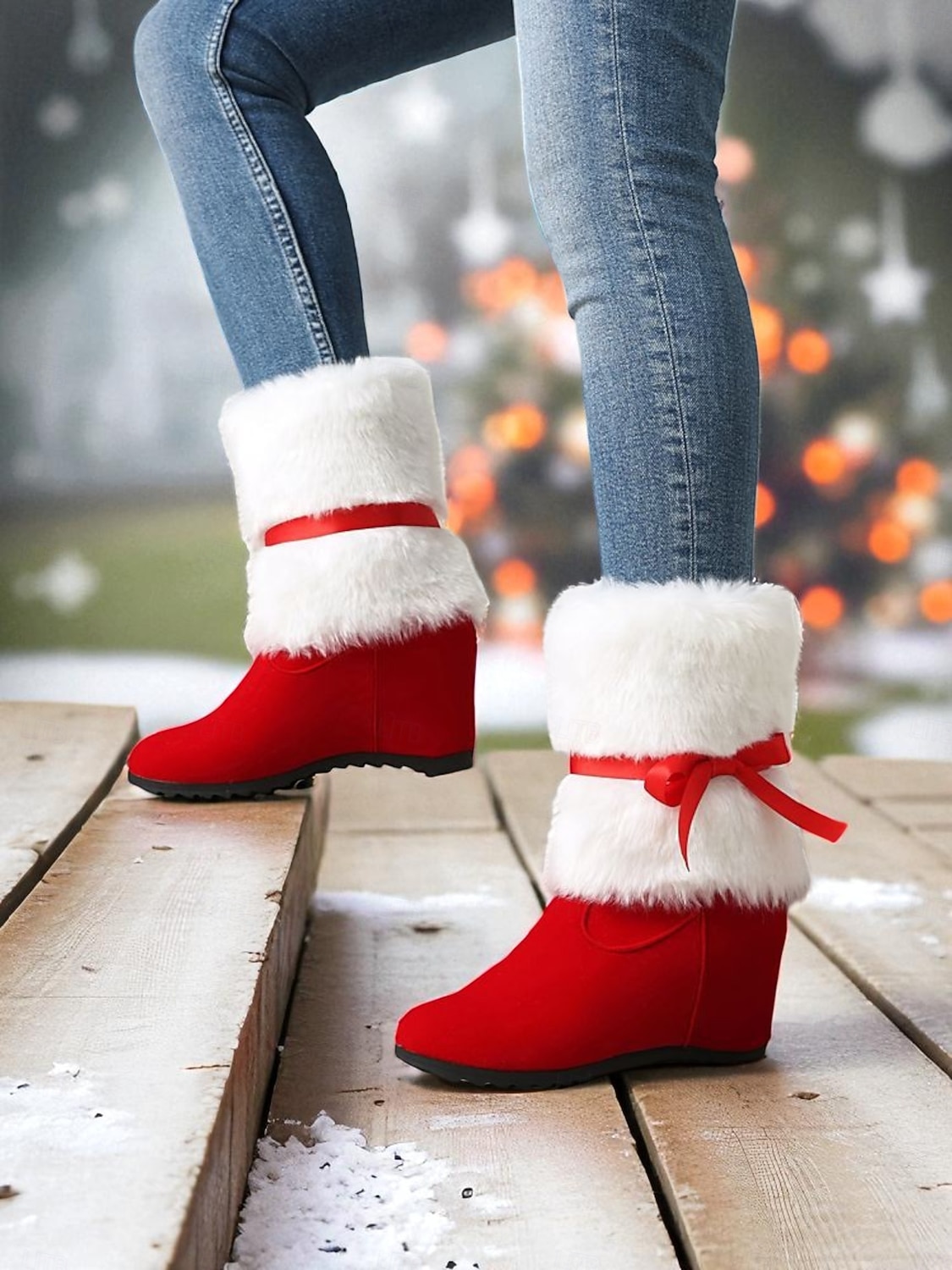 stivali da donna con zeppa foderati in pelliccia rossa e fiocco - comodi stivali invernali per feste, Natale, uscite informali e abbigliamento per il freddo del 2026 a $59.99 –P4