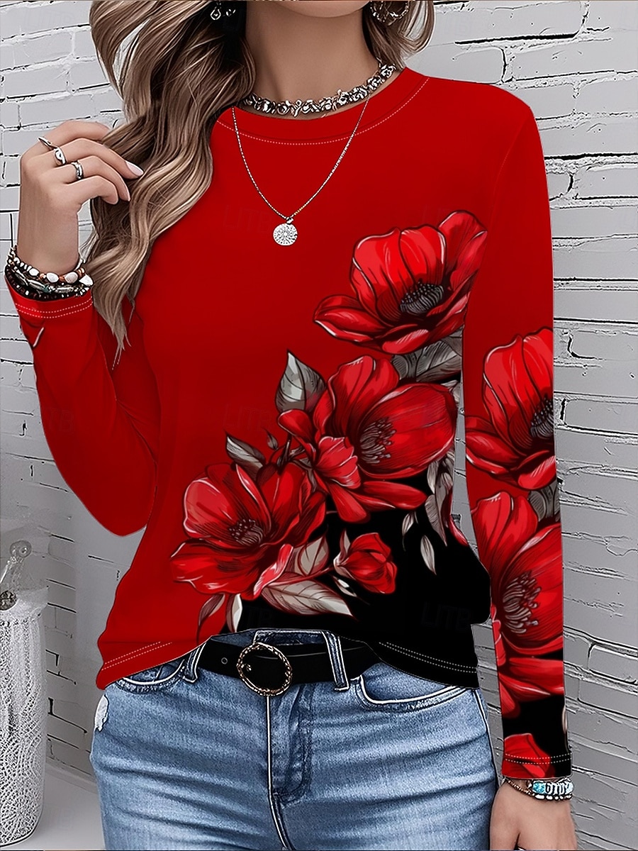 Mujer Camiseta Estampado Floral Graphic Plantas Vintage Moda Elegante Manga Larga Cuello Barco Escote Redondo Tops regulares Diario Fin de semana Vino Otoño Invierno 2026 - $24.99 –P2