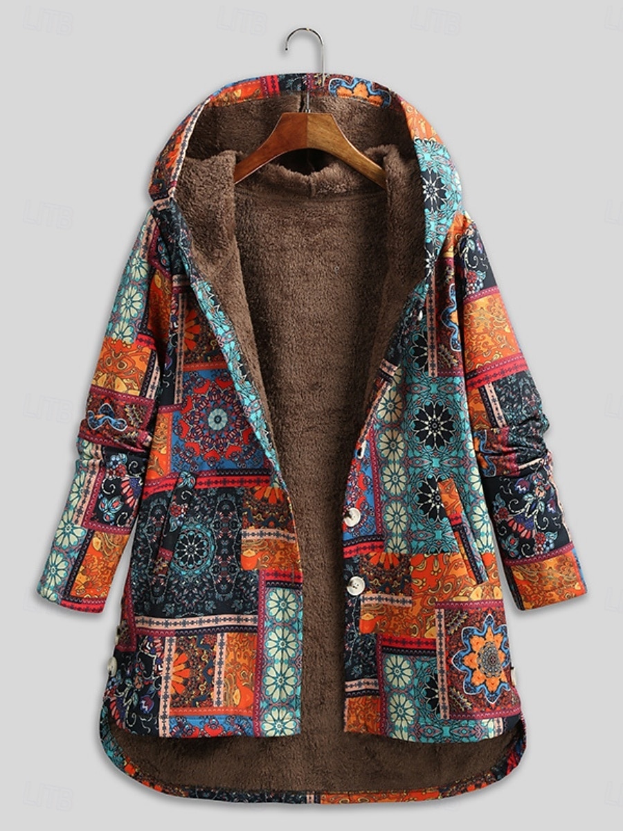 Pentru femei Jachetă din lână geacă Sherpa Comfortabil Respirabil Buzunar Imprimeu Epocă Casual Floral Vacanță Stradă Purtare Zilnică Ieșire Cu Un Nasture Regulat Capișon Fit regulat Manșon Lung 2026 - $45.99 –P4
