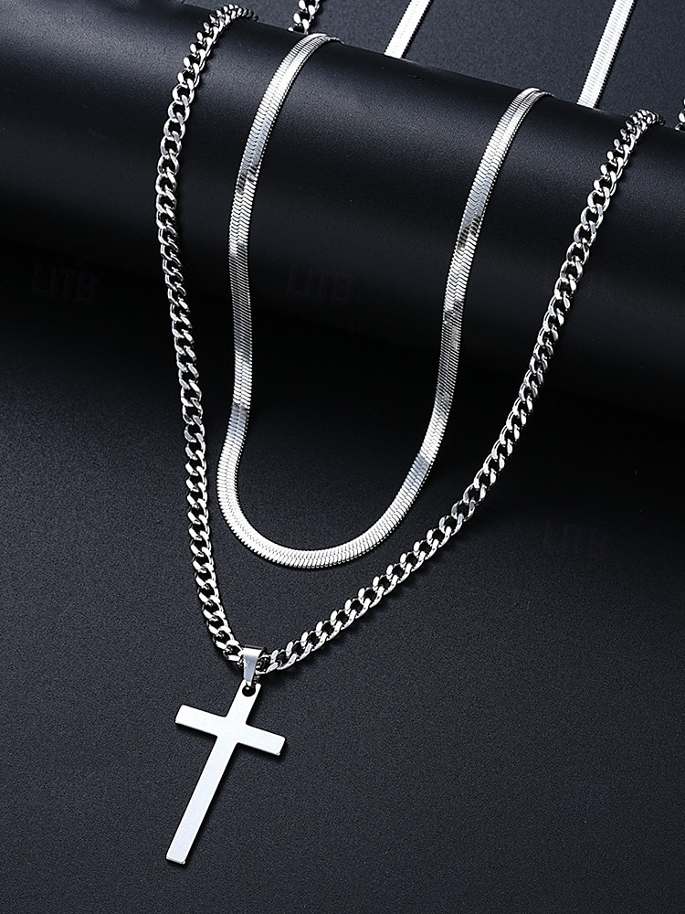 Męski naszyjnik z krzyżem ze stali nierdzewnej, trwała biżuteria łańcuszkowa, stylowy prezent chrześcijański na Boże Narodzenie, imprezę i do noszenia na co dzień 2026 - $11.99 –P7