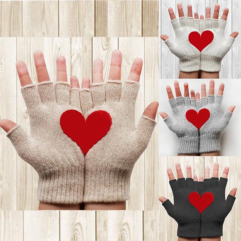 Women's 1 Pair Half Finger / Knitted Gloves Streetwear / Outdoor Gloves - Heart Print 2026 - $18.49 –P1
