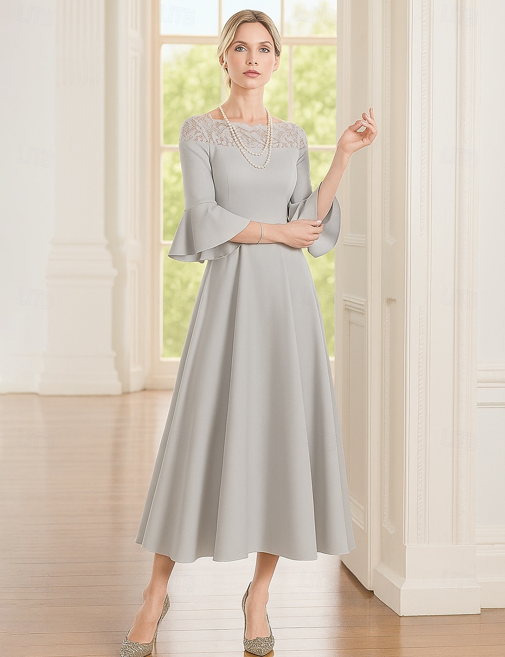 A-linje Ankellengde Festkjole Cocktail Kjole 3/4 ermer Crew-hals Elegant Formell Blonder Polyester Kjole til brudens mor med Blonder 2025 - $69.99 –P5