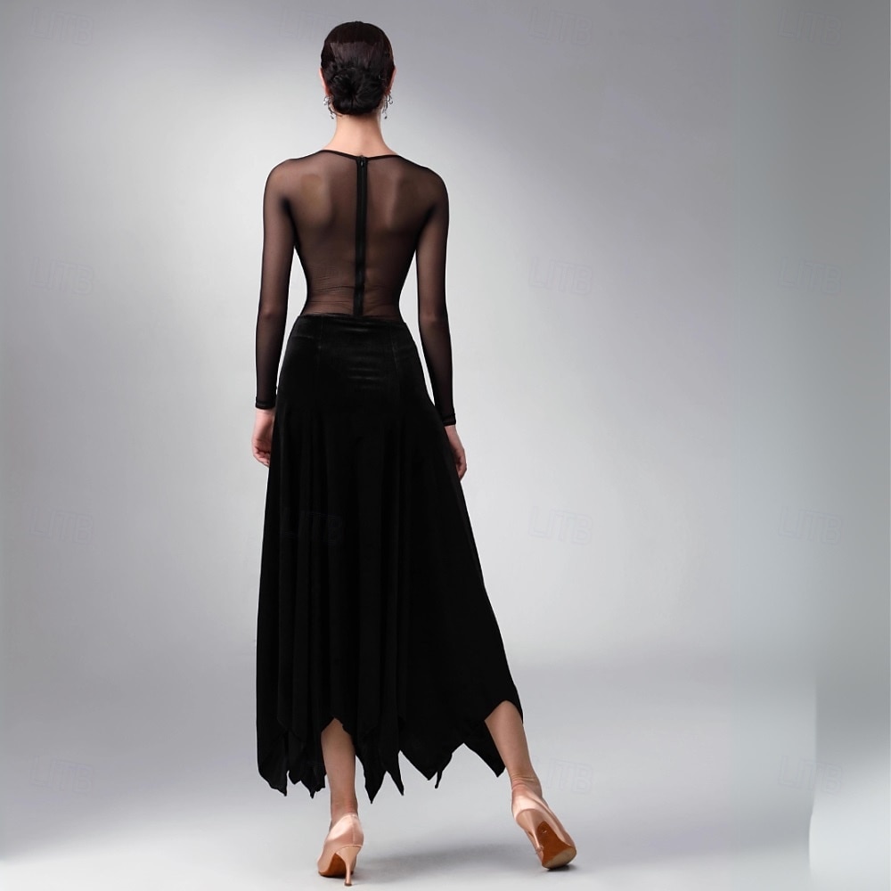 abito da ballo da sala da donna in velluto nero con scollo a V profondo, maglia trasparente, maniche lunghe, elegante abito da competizione per tango, valzer e rumba del 2026 a $337.89 –P2